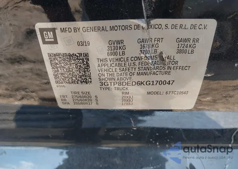 2019 GMC Sierra 1500 Slt from USA, damaged, VIN 3GTP8DED6KG170047